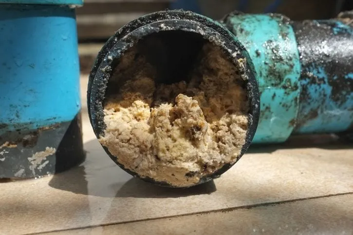 A cutaway view of a severe grease and sludge buildup choking the inside of a sewer pipe before a professional plumbing Sapulpa drain clearing service