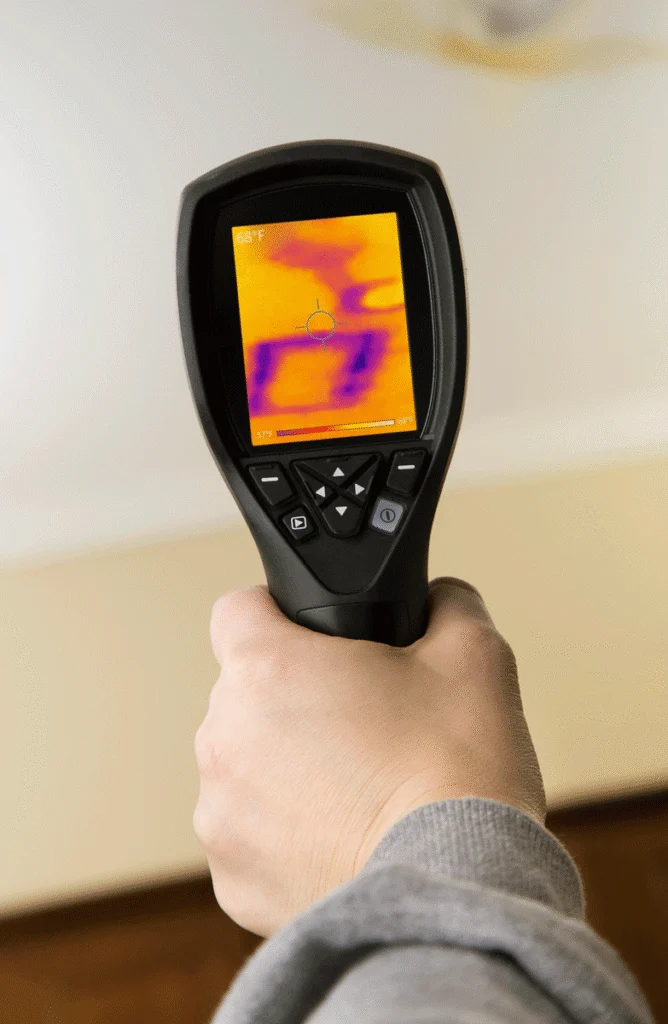 Using an infrared thermal imaging camera to detect hidden moisture and water leaks behind drywall during a high-tech plumbing Sapulpa inspection